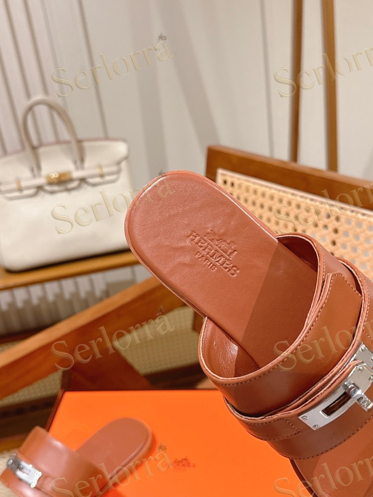 HERMÈS SMOOTH LEATHER KELLY BUCKLE FLAT SLIDE SANDALS