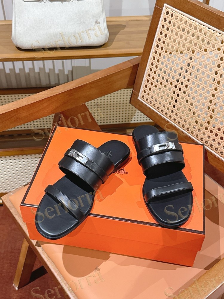 HERMÈS SMOOTH LEATHER KELLY BUCKLE FLAT SLIDE SANDALS