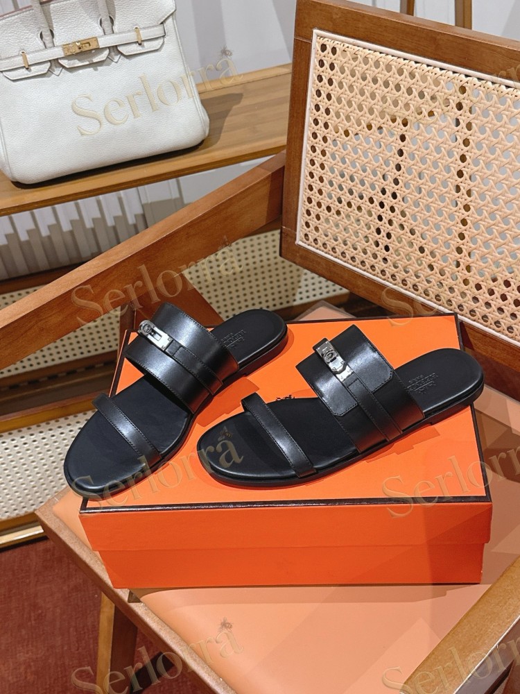 HERMÈS SMOOTH LEATHER KELLY BUCKLE FLAT SLIDE SANDALS