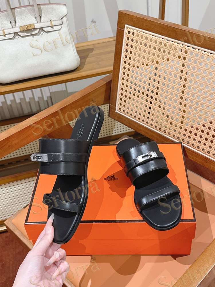 HERMÈS SMOOTH LEATHER KELLY BUCKLE FLAT SLIDE SANDALS