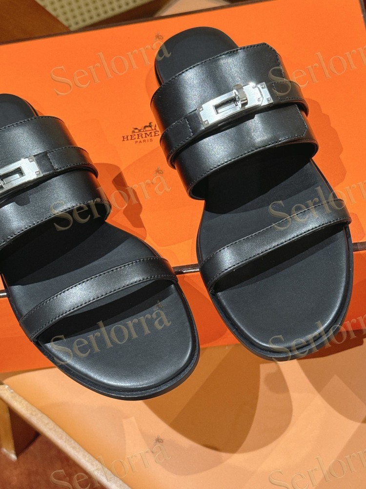 HERMÈS SMOOTH LEATHER KELLY BUCKLE FLAT SLIDE SANDALS