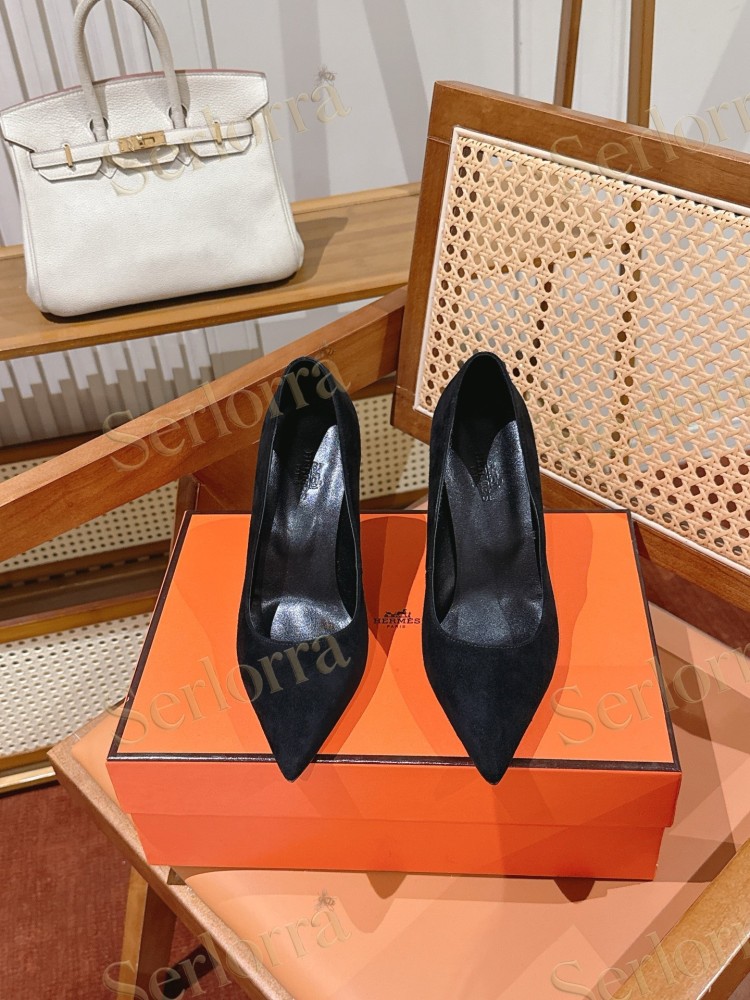 HERMÈS BLACK SUEDE LEATHER KELLY CHAIN HIGH‑HEEL PUMPS