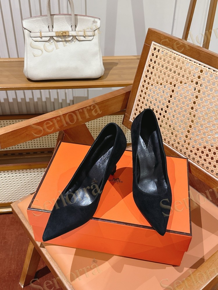 HERMÈS BLACK SUEDE LEATHER KELLY CHAIN HIGH‑HEEL PUMPS