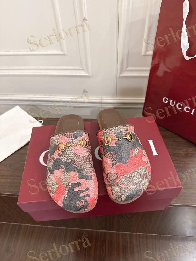 GUCCI GG CAMOUFLAGE CANVAS HORSEBIT SLIDE MULES