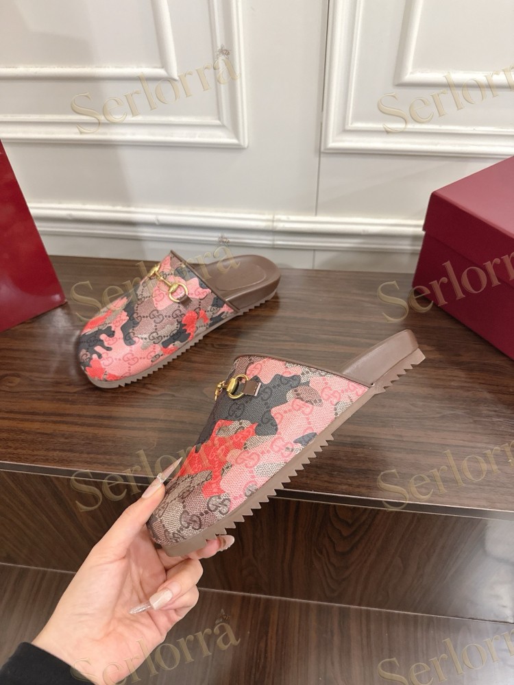 GUCCI GG CAMOUFLAGE CANVAS HORSEBIT SLIDE MULES