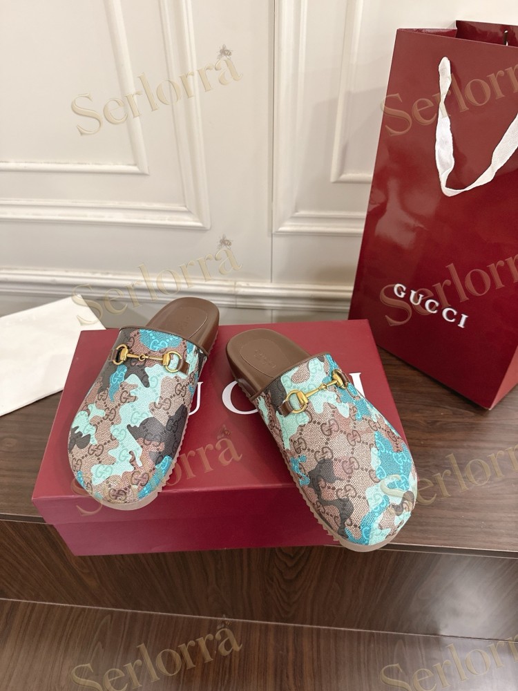 GUCCI GG CAMOUFLAGE CANVAS HORSEBIT SLIDE MULES