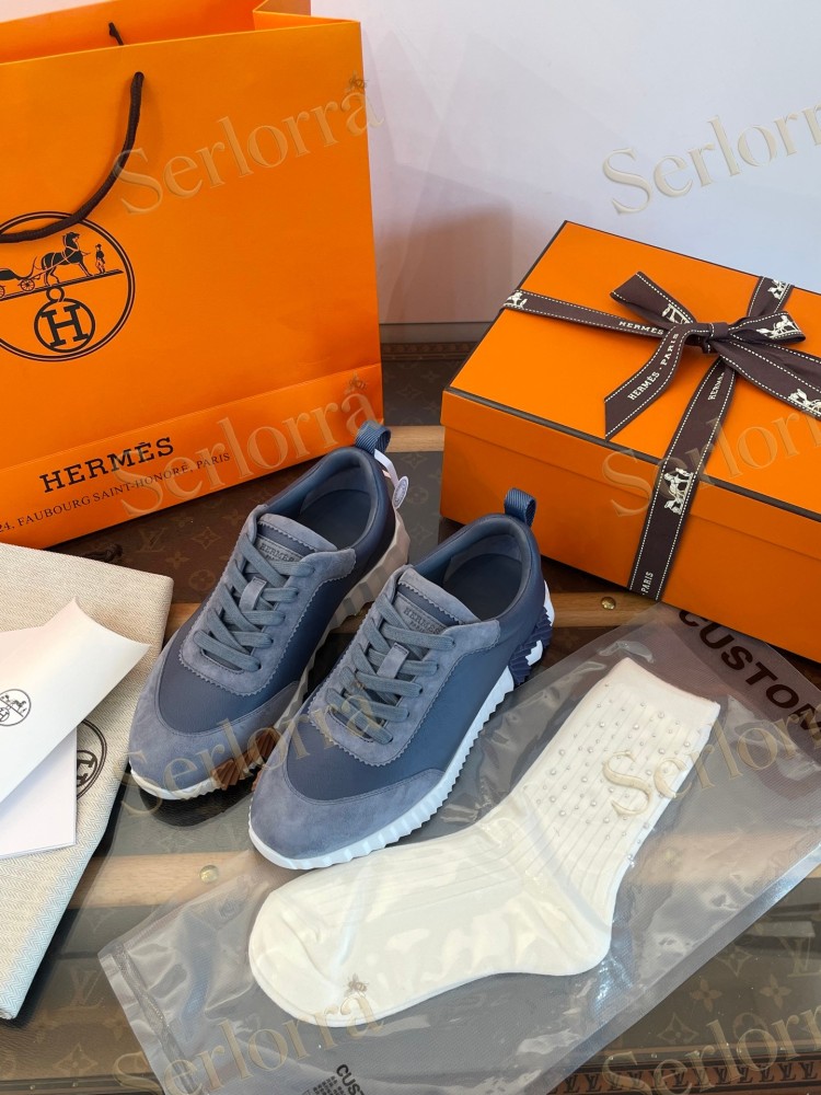 HERMÈS BLUE CALFSKIN AND SUEDE BOUNCING SNEAKERS
