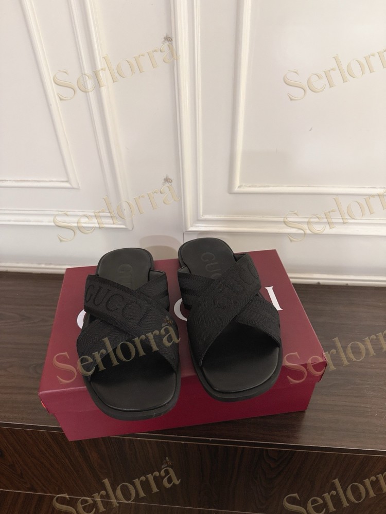 GUCCI EMBROIDERED LOGO CROSS STRAP SLIDE SANDALS