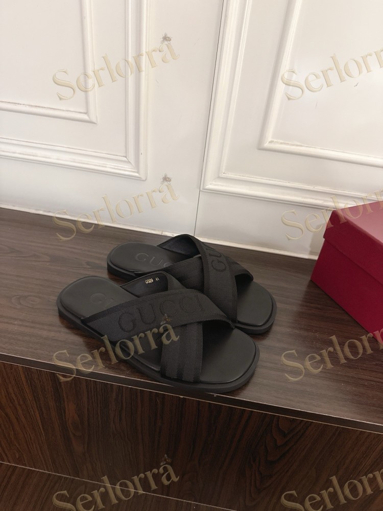 GUCCI EMBROIDERED LOGO CROSS STRAP SLIDE SANDALS