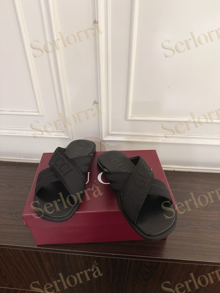 GUCCI EMBROIDERED LOGO CROSS STRAP SLIDE SANDALS
