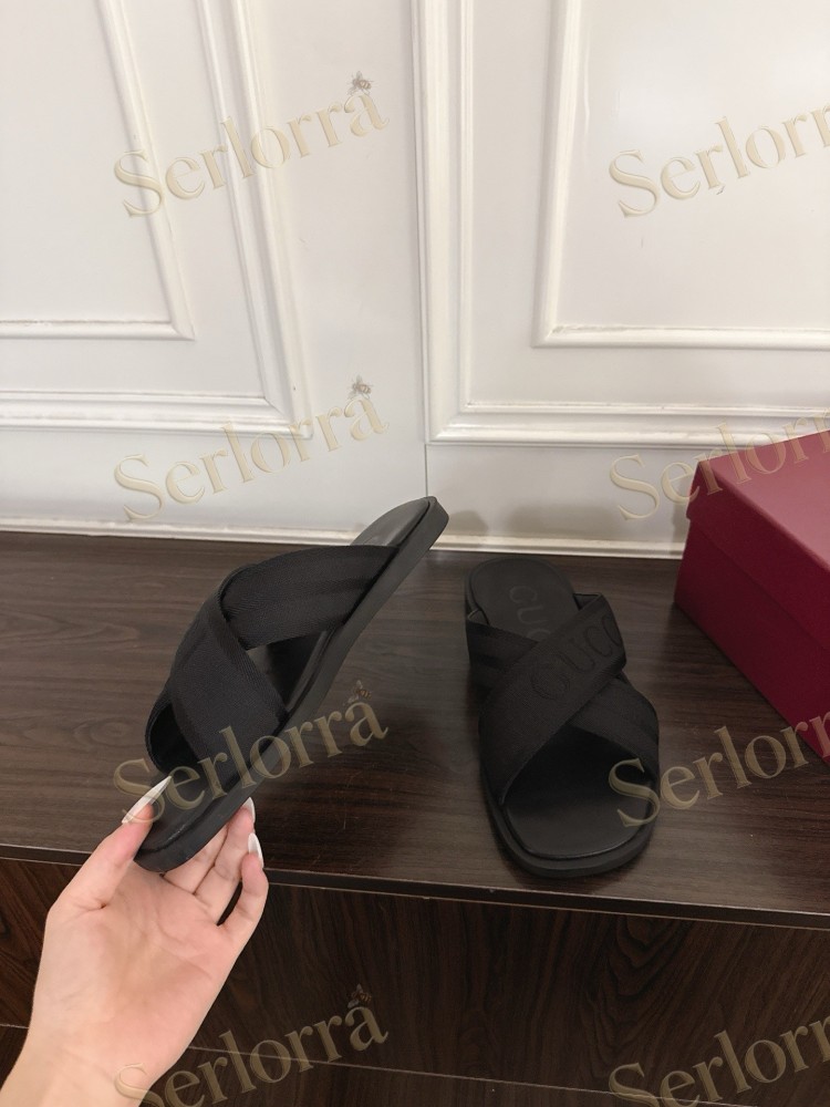 GUCCI EMBROIDERED LOGO CROSS STRAP SLIDE SANDALS