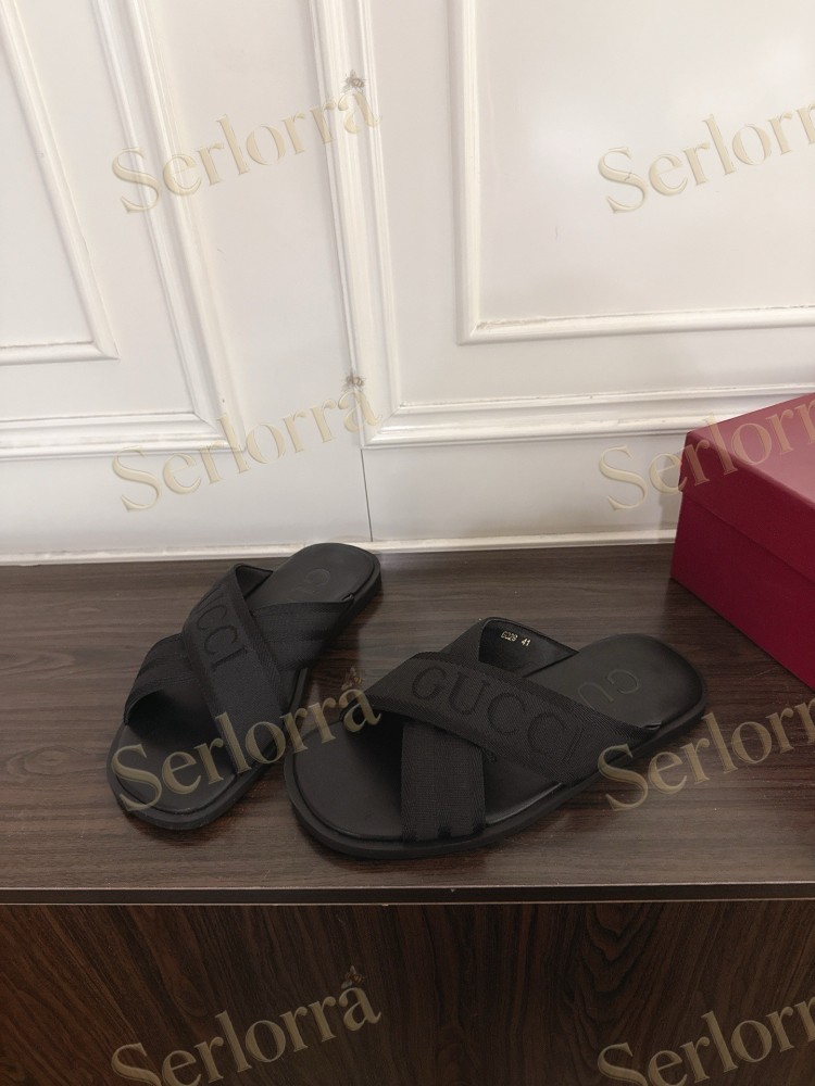 GUCCI EMBROIDERED LOGO CROSS STRAP SLIDE SANDALS