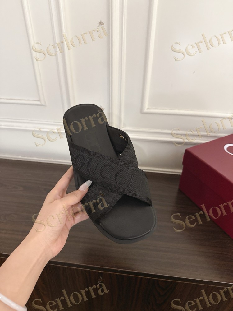GUCCI EMBROIDERED LOGO CROSS STRAP SLIDE SANDALS
