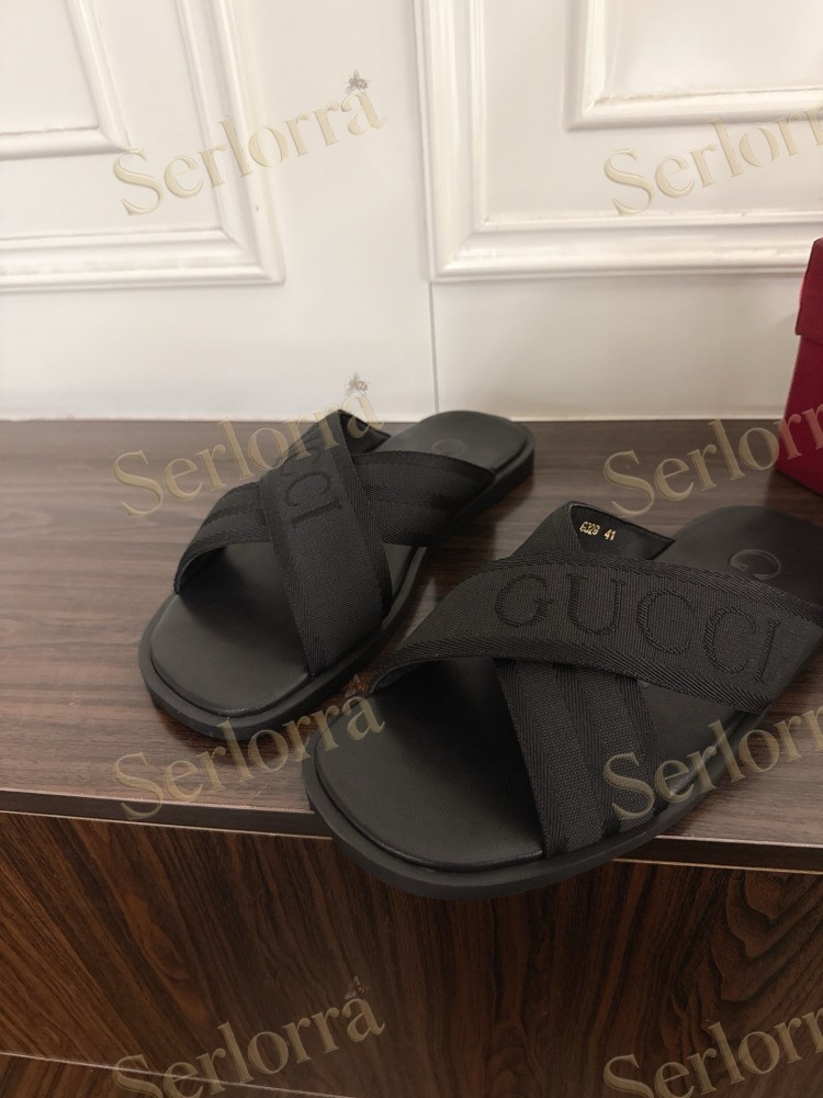 GUCCI EMBROIDERED LOGO CROSS STRAP SLIDE SANDALS
