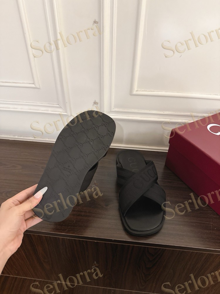 GUCCI EMBROIDERED LOGO CROSS STRAP SLIDE SANDALS