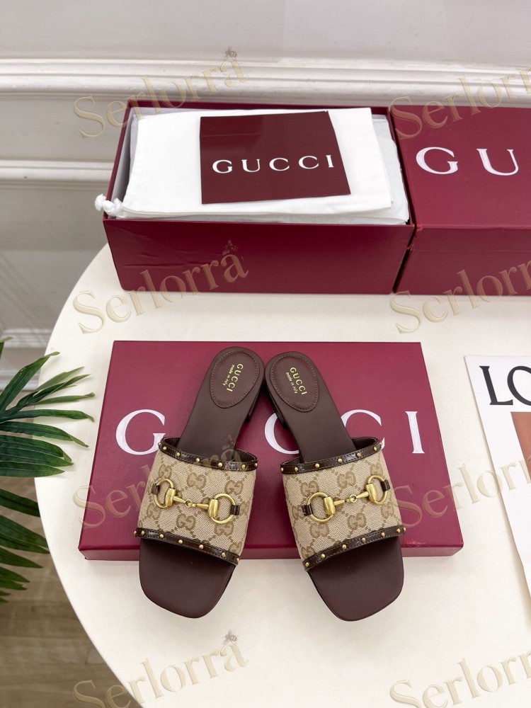 GUCCI GG CANVAS STUDS HORSEBIT SLIDE SANDALS