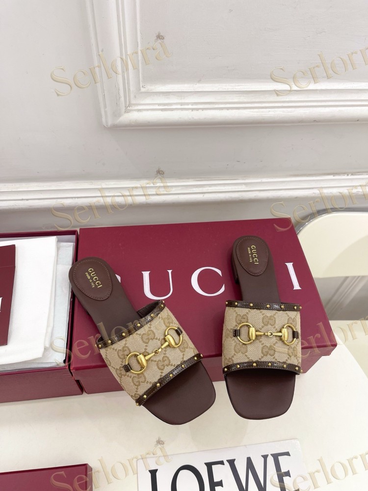 GUCCI GG CANVAS STUDS HORSEBIT SLIDE SANDALS