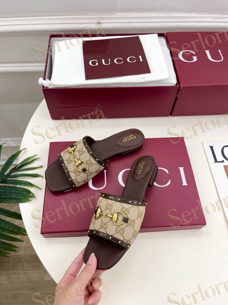 GUCCI GG CANVAS STUDS HORSEBIT SLIDE SANDALS