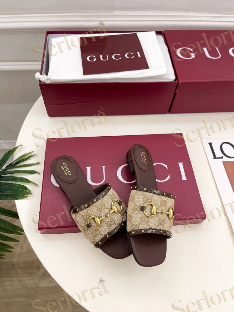 GUCCI GG CANVAS STUDS HORSEBIT SLIDE SANDALS