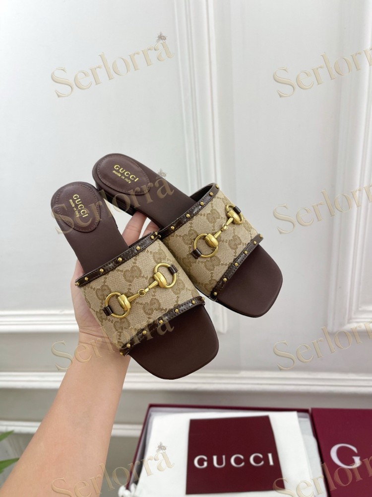 GUCCI GG CANVAS STUDS HORSEBIT SLIDE SANDALS