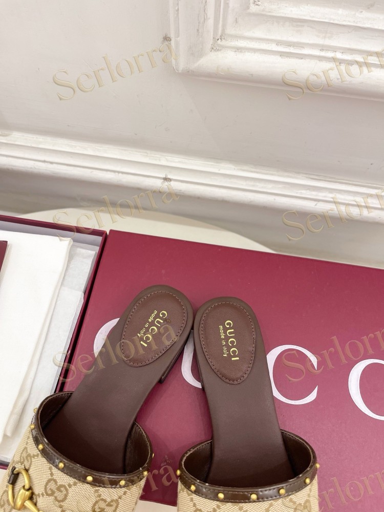 GUCCI GG CANVAS STUDS HORSEBIT SLIDE SANDALS