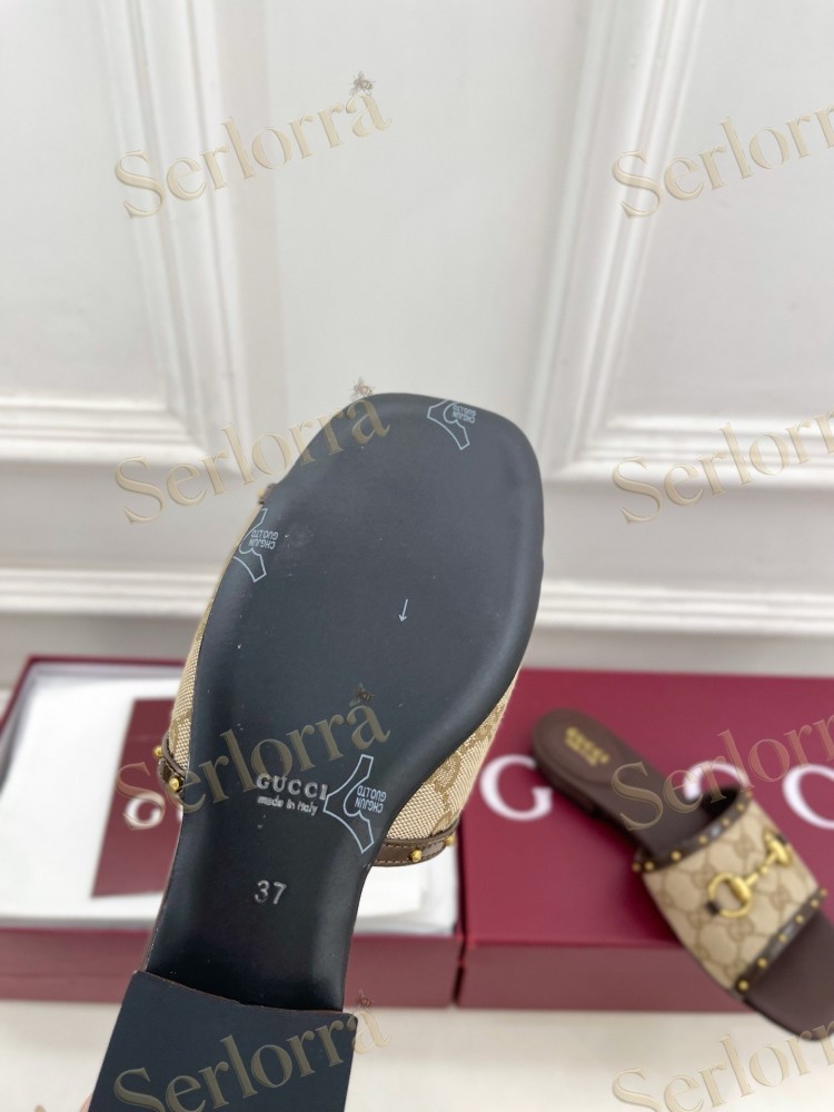 GUCCI GG CANVAS STUDS HORSEBIT SLIDE SANDALS