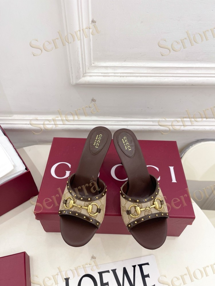 GUCCI GG CANVAS STUDS HORSEBIT MID HEEL SLIDE SANDALS