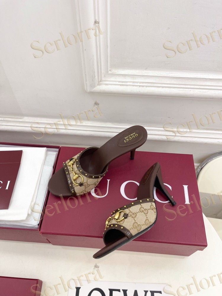 GUCCI GG CANVAS STUDS HORSEBIT MID HEEL SLIDE SANDALS