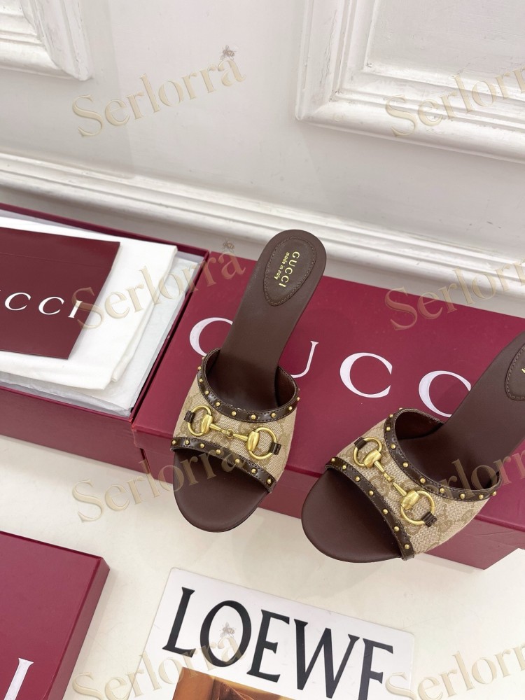 GUCCI GG CANVAS STUDS HORSEBIT MID HEEL SLIDE SANDALS