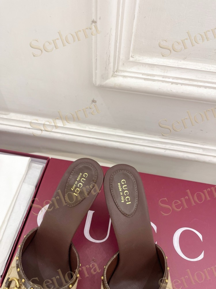 GUCCI GG CANVAS STUDS HORSEBIT MID HEEL SLIDE SANDALS
