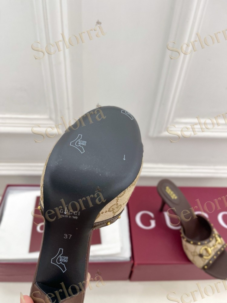 GUCCI GG CANVAS STUDS HORSEBIT MID HEEL SLIDE SANDALS