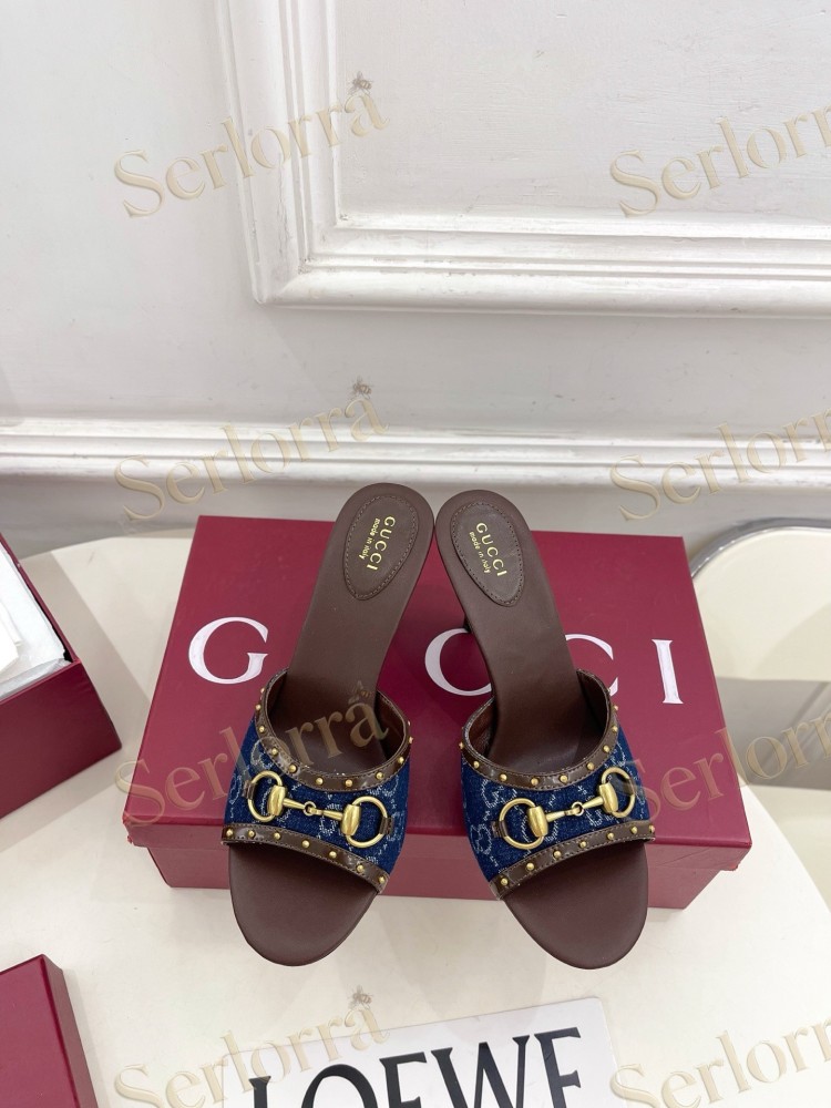 GUCCI GG CANVAS STUDS HORSEBIT MID HEEL SLIDE SANDALS