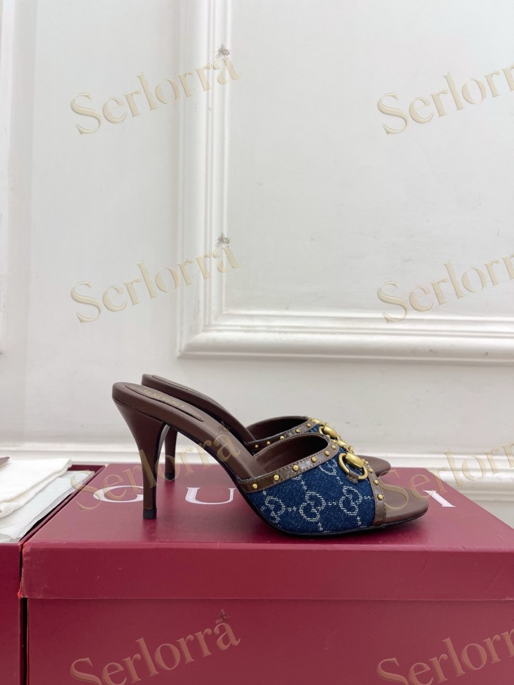 GUCCI GG CANVAS STUDS HORSEBIT MID HEEL SLIDE SANDALS