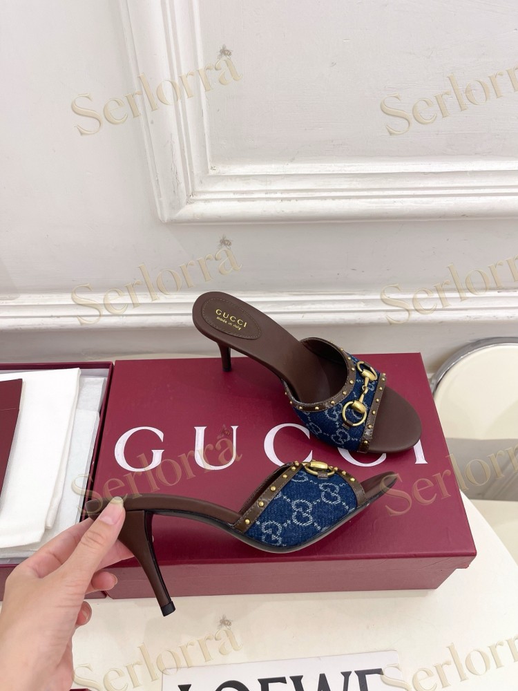 GUCCI GG CANVAS STUDS HORSEBIT MID HEEL SLIDE SANDALS