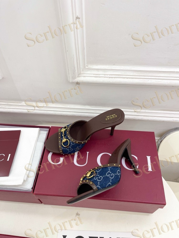 GUCCI GG CANVAS STUDS HORSEBIT MID HEEL SLIDE SANDALS