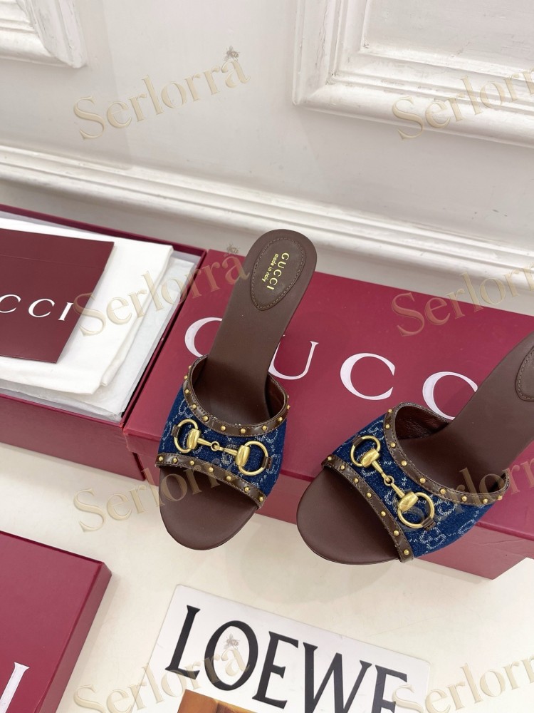 GUCCI GG CANVAS STUDS HORSEBIT MID HEEL SLIDE SANDALS