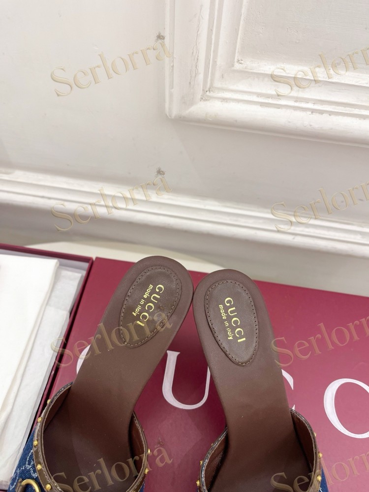 GUCCI GG CANVAS STUDS HORSEBIT MID HEEL SLIDE SANDALS