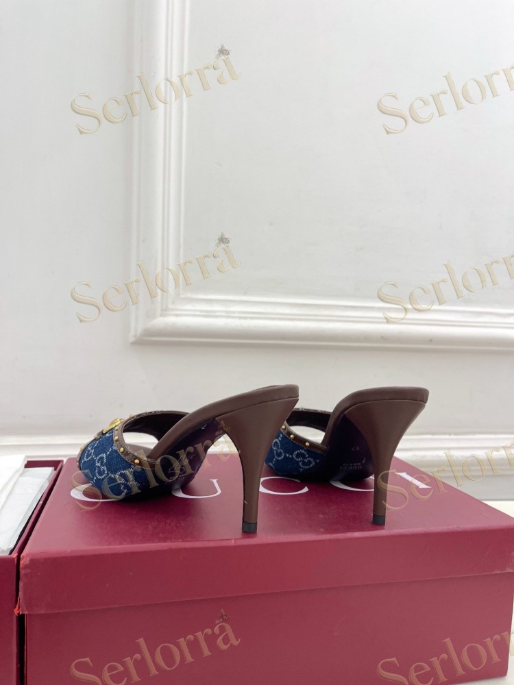 GUCCI GG CANVAS STUDS HORSEBIT MID HEEL SLIDE SANDALS