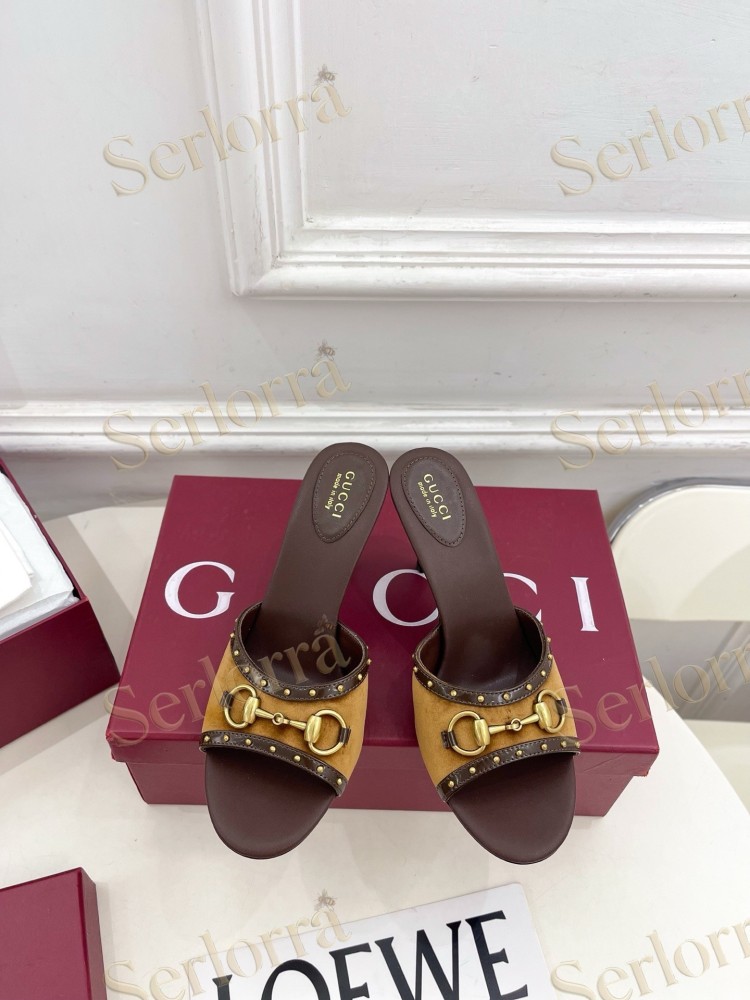 GUCCI GG CANVAS STUDS HORSEBIT MID HEEL SLIDE SANDALS