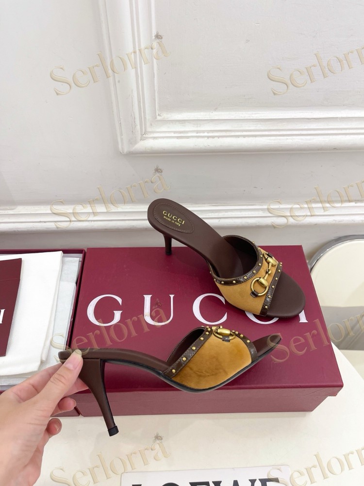 GUCCI GG CANVAS STUDS HORSEBIT MID HEEL SLIDE SANDALS