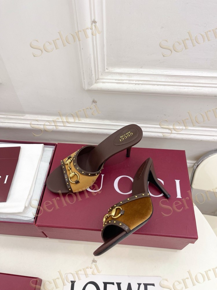 GUCCI GG CANVAS STUDS HORSEBIT MID HEEL SLIDE SANDALS