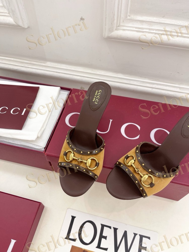GUCCI GG CANVAS STUDS HORSEBIT MID HEEL SLIDE SANDALS