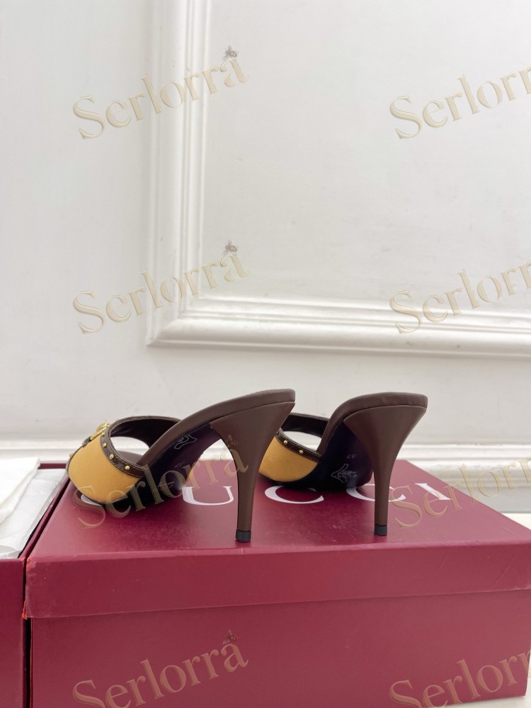 GUCCI GG CANVAS STUDS HORSEBIT MID HEEL SLIDE SANDALS