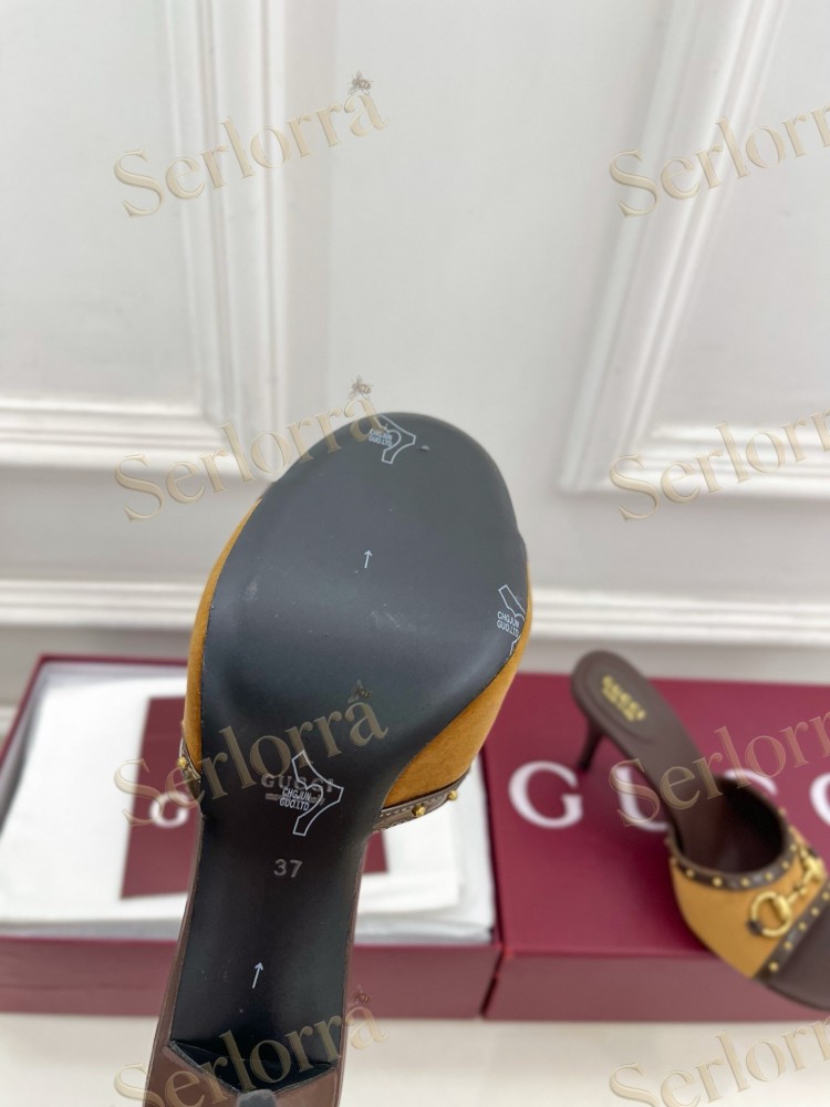 GUCCI GG CANVAS STUDS HORSEBIT MID HEEL SLIDE SANDALS