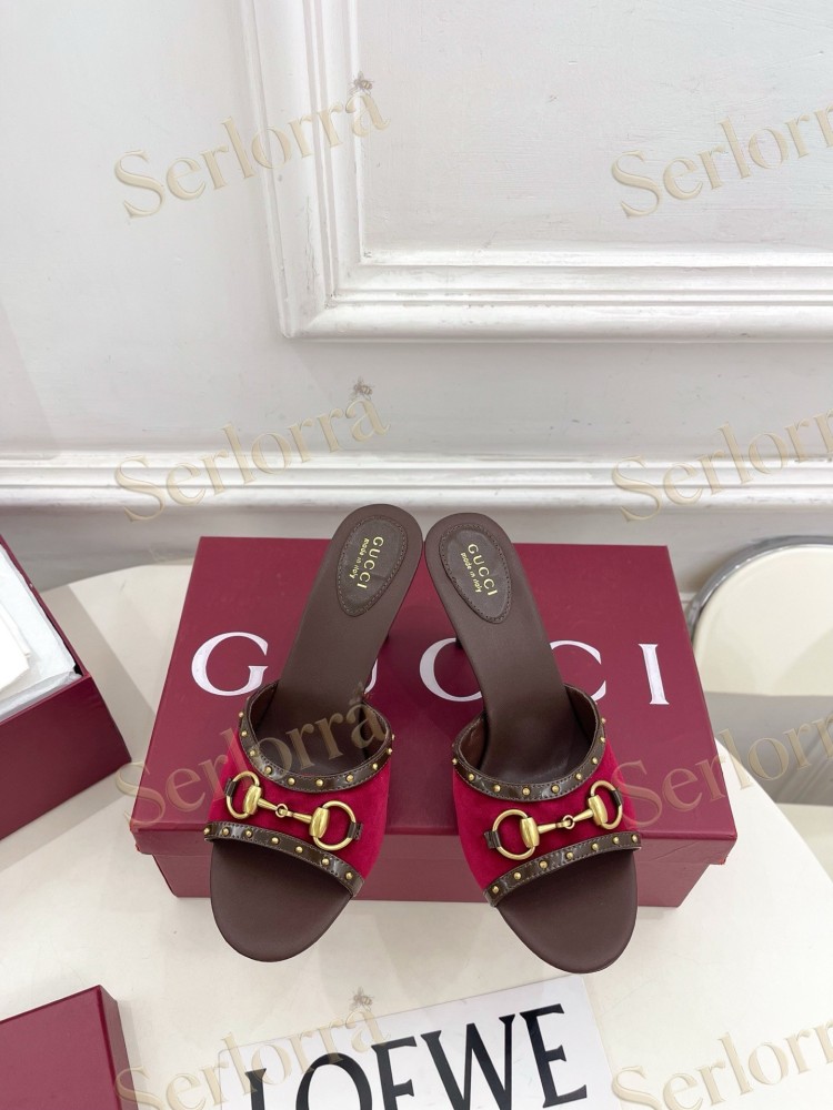 GUCCI GG CANVAS STUDS HORSEBIT MID HEEL SLIDE SANDALS