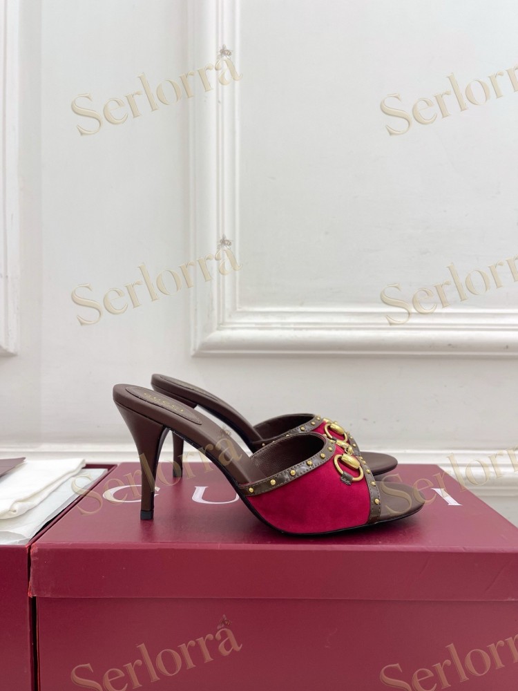 GUCCI GG CANVAS STUDS HORSEBIT MID HEEL SLIDE SANDALS