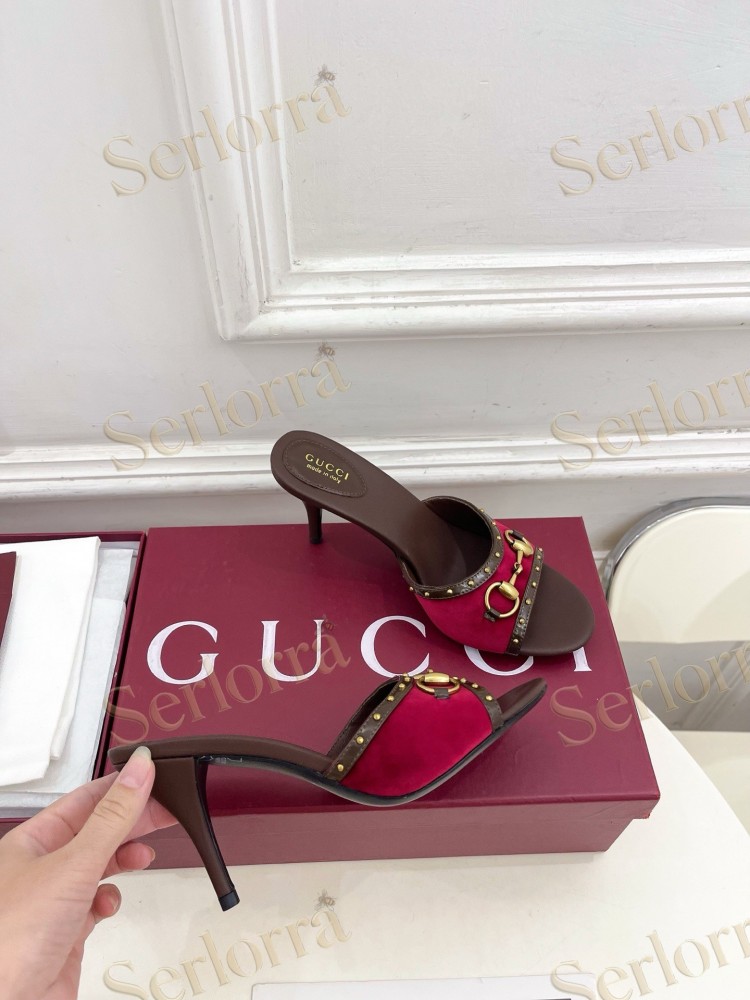 GUCCI GG CANVAS STUDS HORSEBIT MID HEEL SLIDE SANDALS