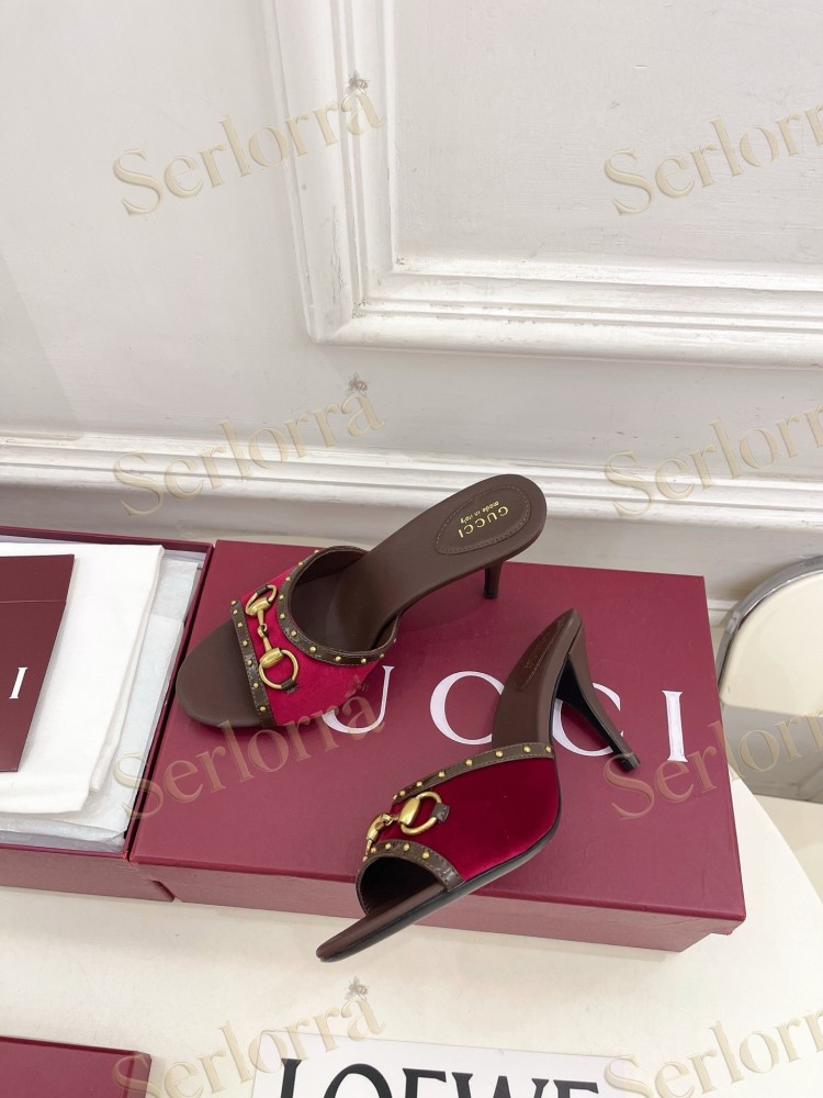 GUCCI GG CANVAS STUDS HORSEBIT MID HEEL SLIDE SANDALS