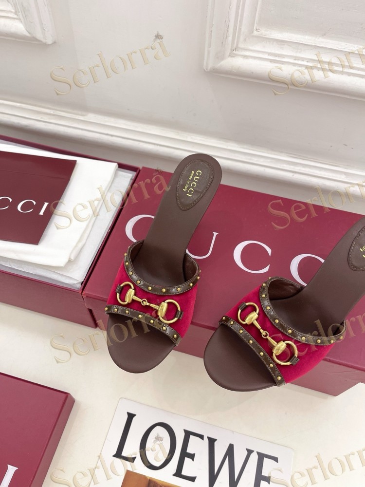 GUCCI GG CANVAS STUDS HORSEBIT MID HEEL SLIDE SANDALS