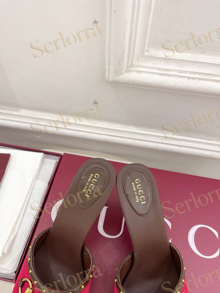 GUCCI GG CANVAS STUDS HORSEBIT MID HEEL SLIDE SANDALS